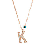 Rose Gold Plated 'K' Initial Necklace with Evil Eye Charm