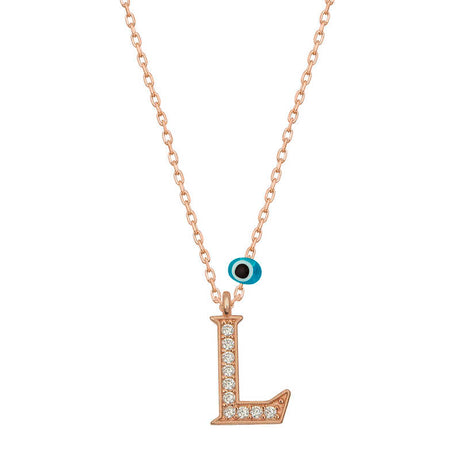 Initial Necklace - Rose Gold Plated L Pendant with Cubic Zirconia & Evil Eye Charm