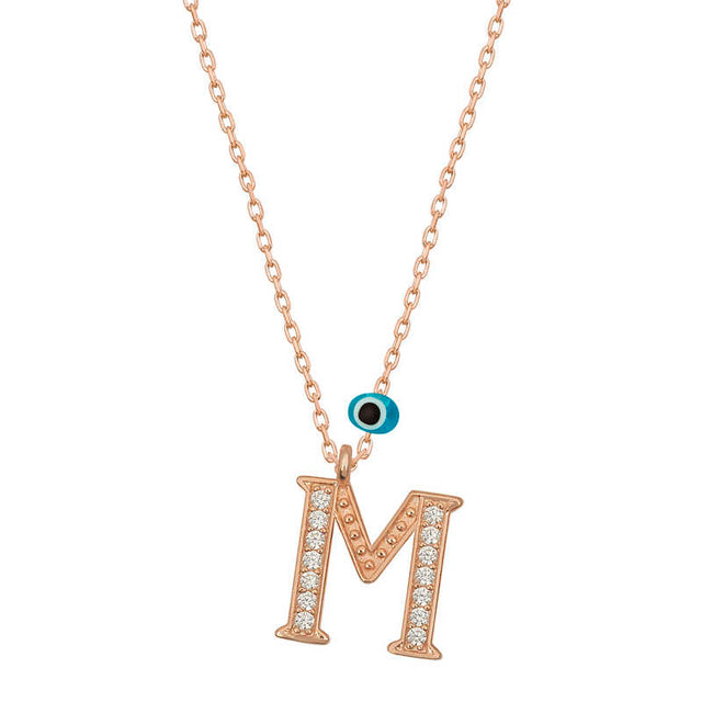 Rose Gold Initial Necklace - Sparkling 'M' with Evil Eye Charm