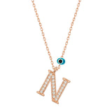 Necklace - Rose Gold-Tone Zirconia Initial N with Evil Eye Charm