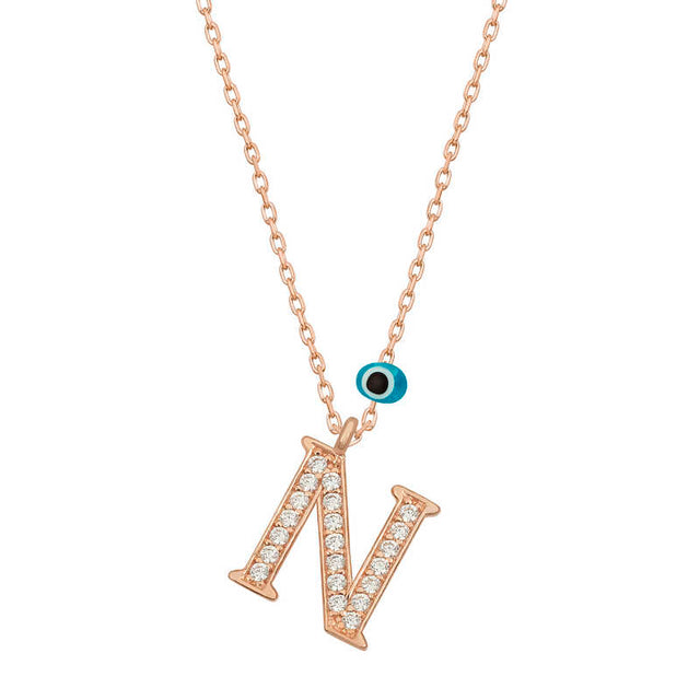 Necklace - Rose Gold-Tone Zirconia Initial N with Evil Eye Charm