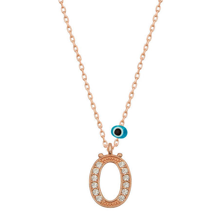 Initial Necklace - Rose Gold Plated 'O' Letter with Cubic Zirconia & Evil Eye