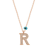 Necklace - Rose Gold Tone Initial R with Sparkling Stones & Evil Eye