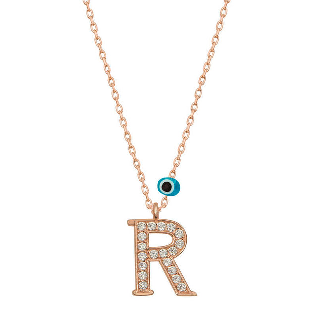 Necklace - Rose Gold Tone Initial R with Sparkling Stones & Evil Eye