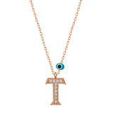 Rose Gold-Tone Initial T Necklace with Simulated Diamonds & Evil Eye Charm