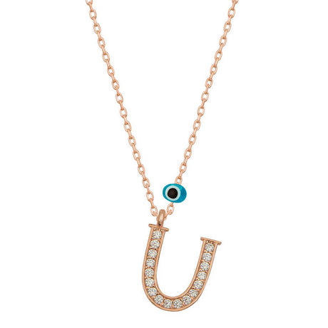 Rose Gold Plated Initial U Necklace with Evil Eye Charm