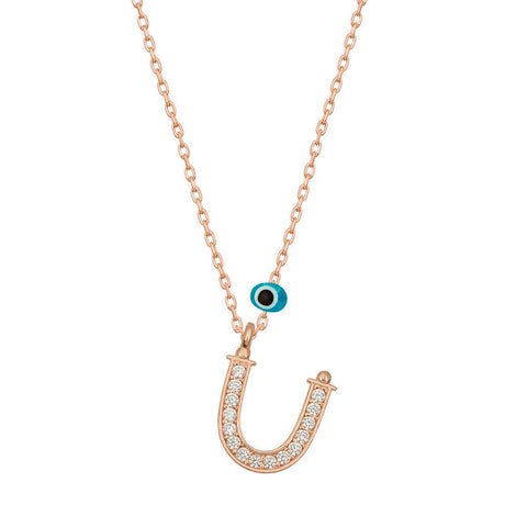 Rose Gold Plated Silver Initial 'U' Necklace - Evil Eye & Cubic Zirconia