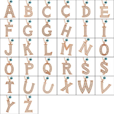 Rose Gold Plated Silver Initial 'U' Necklace - Evil Eye & Cubic Zirconia