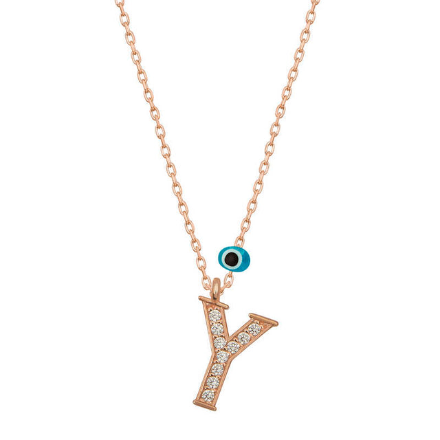 Rose Gold Plated Y Initial Necklace with Zircon and Evil Eye Charm