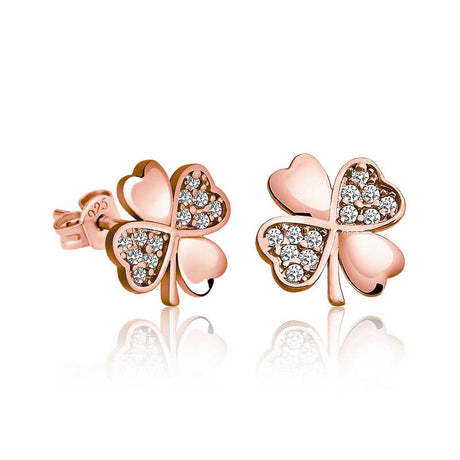 Stud Earrings - Rose Gold Plated Sterling Silver Lucky Clover with Zirconia