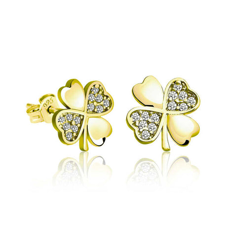 Clover Stud Earrings - Gold Plated Sterling Silver with Sparkling CZ