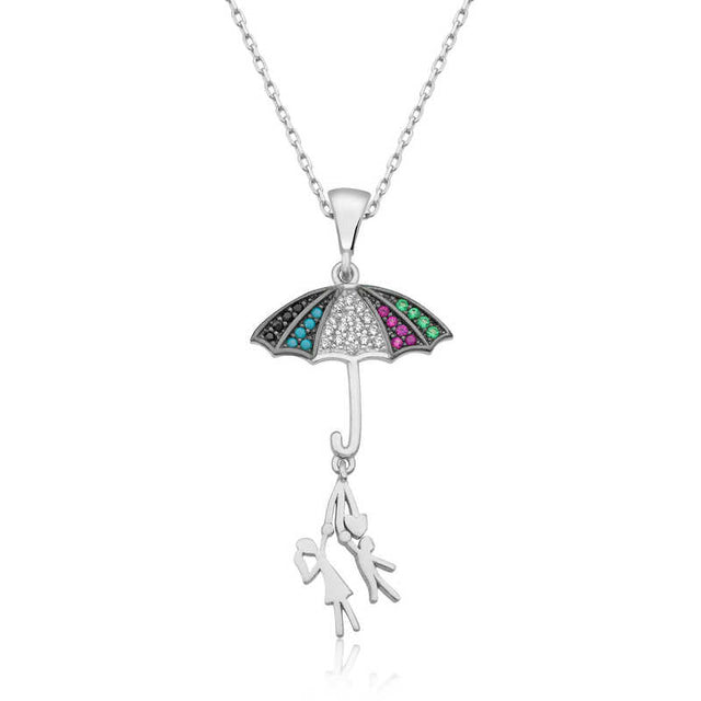 Sterling Silver Multi-Stone Umbrella & Couple Pendant Necklace
