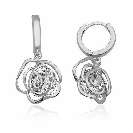 Dangle Earrings - Sterling Silver Rose Flower with Sparkling Zirconia