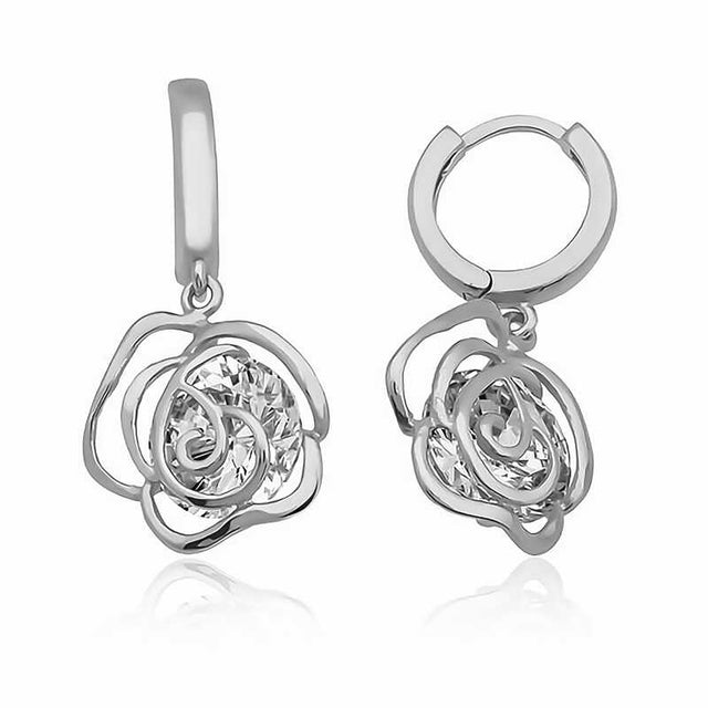 Dangle Earrings - Sterling Silver Rose Flower with Sparkling Zirconia