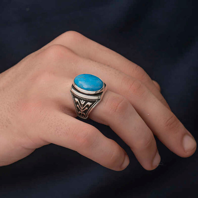 Premium Mens Oval Turquoise Stone Silver Ring