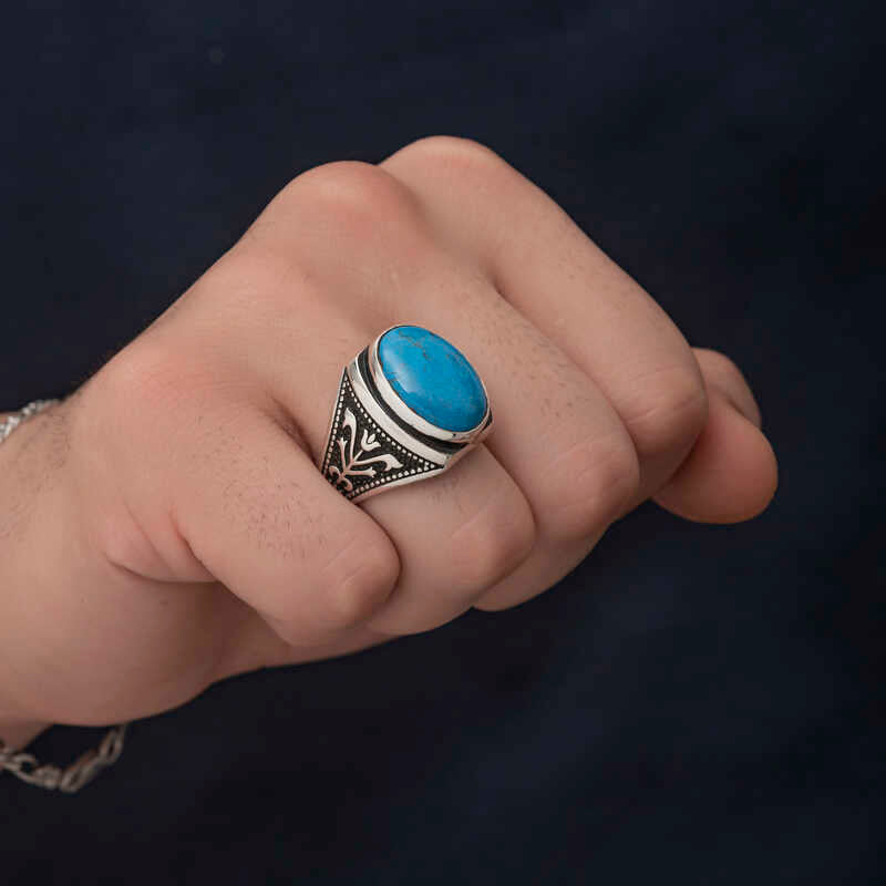 Premium Mens Oval Turquoise Stone Silver Ring