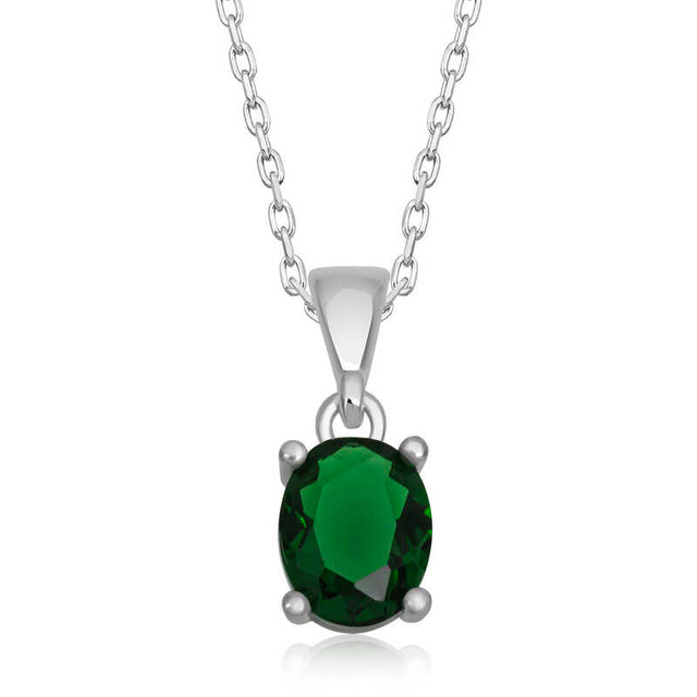 Necklace - Elegant Silver-Tone Solitaire Green Oval Gemstone Pendant