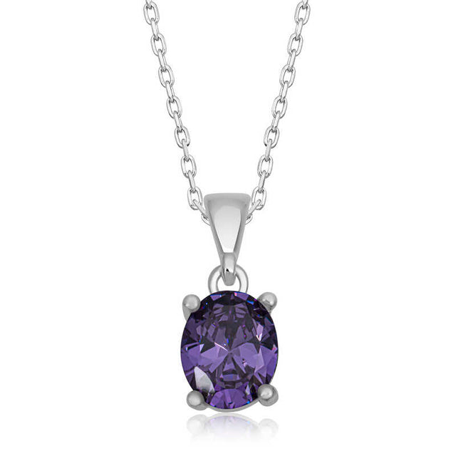 Elegant Silver-Tone Solitaire Necklace - Oval Purple Crystal