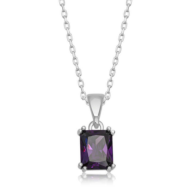 Sterling Silver Necklace - Elegant Purple Baguette Solitaire Pendant