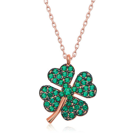 Necklace - Rose Gold-Tone Green Gemstone Four-Leaf Clover Charm