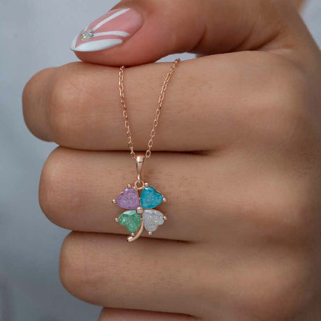 Necklace - Rose Gold Plated Sterling Silver Multi-Color Heart Clover Pendant