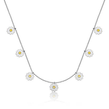 Necklace - Dainty Silver-Tone Daisy Charm with Yellow Stone Centers