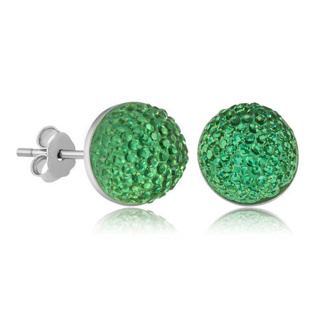 Stud Earrings - Sterling Silver Shimmering Green Crystal Pave Ball
