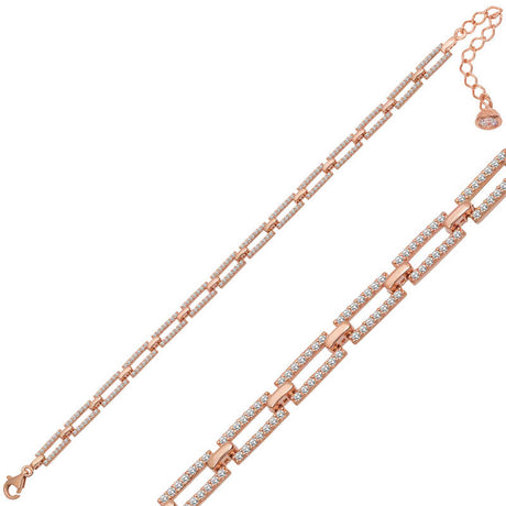 Sterling Silver Rose Gold Plated Bracelet - Dainty CZ Pave Link Design