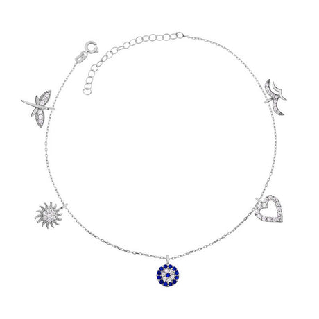 Sterling Silver Multi-Charm Anklet with CZ & Blue Evil Eye
