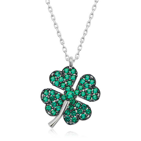 Silver-Tone Emerald Green Four-Leaf Clover Necklace - Pave-Set Lucky Charm