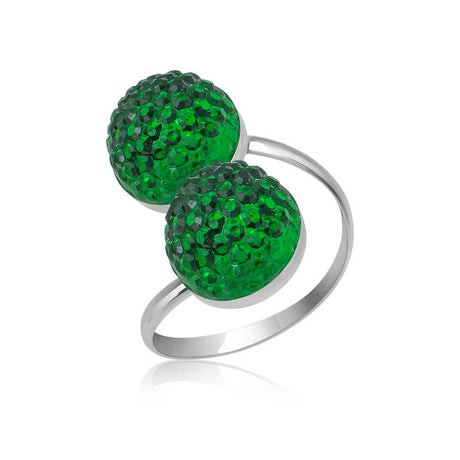 Statement Ring - Silver-Tone Green Crystal Double Ball Design