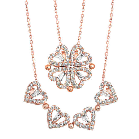 Rose Gold Plated Necklace - Dazzling Convertible Clover Heart Pendant