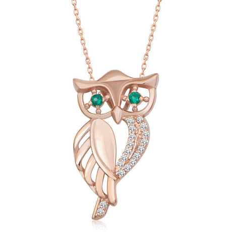 Necklace - Rose Gold Plated Owl with Emerald-like Eyes & Zirconia