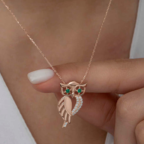 Necklace - Rose Gold Plated Owl with Emerald-like Eyes & Zirconia