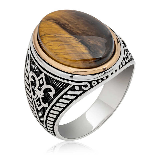 Sterling Silver Tiger Eye Oval Men's Ring