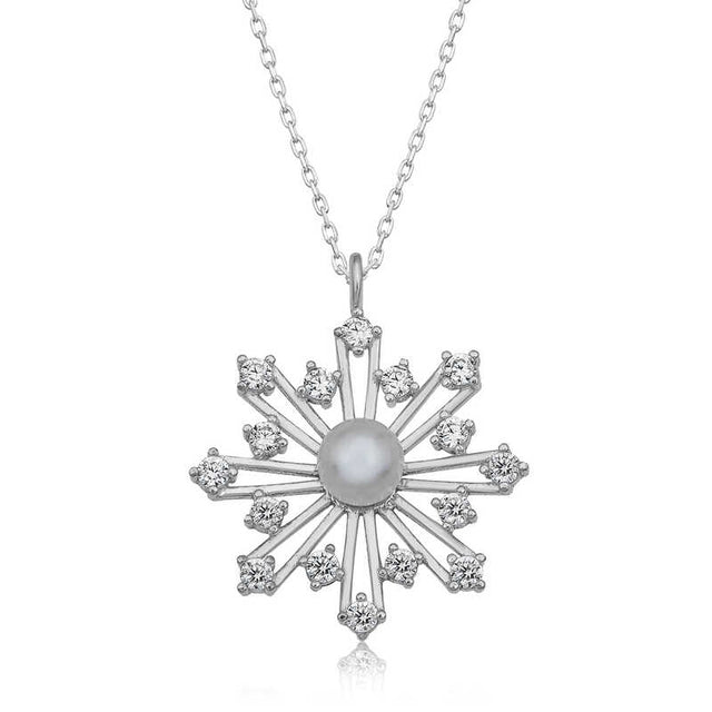 Sterling Silver Snowflake Necklace - Pearl & Zirconia Design