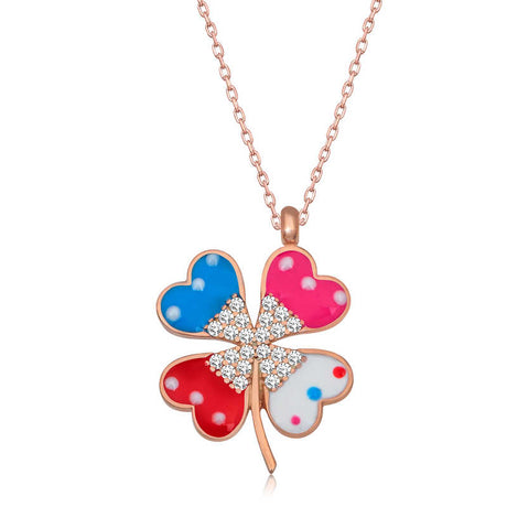 Rose Gold Tone Colorful Enamel Clover Heart Necklace with CZ