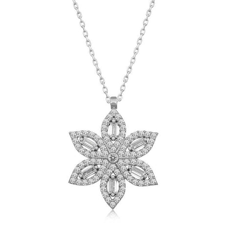Necklace - Silver-Tone Sparkling Flower Pendant with Clear Stones