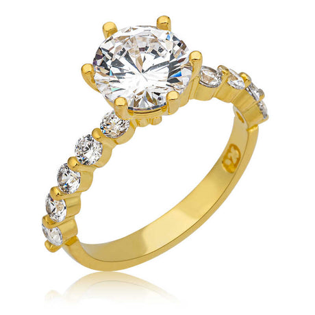 Classic Gold-Tone Solitaire Ring with Sparkling Clear Accent Stones