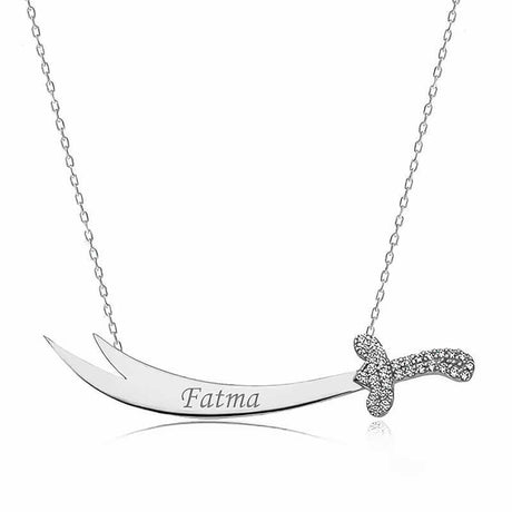 Sterling Silver Personalized Zulfiqar Sword Necklace with Zirconia