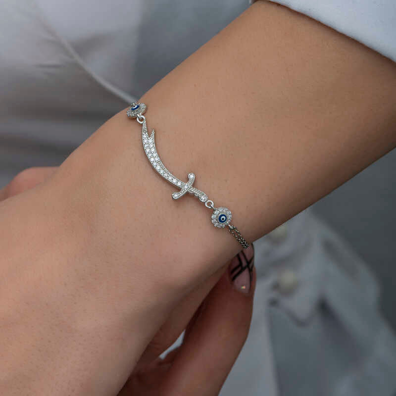 Sterling Silver - Zulfiqar Sword Evil Eye Charm Bracelet