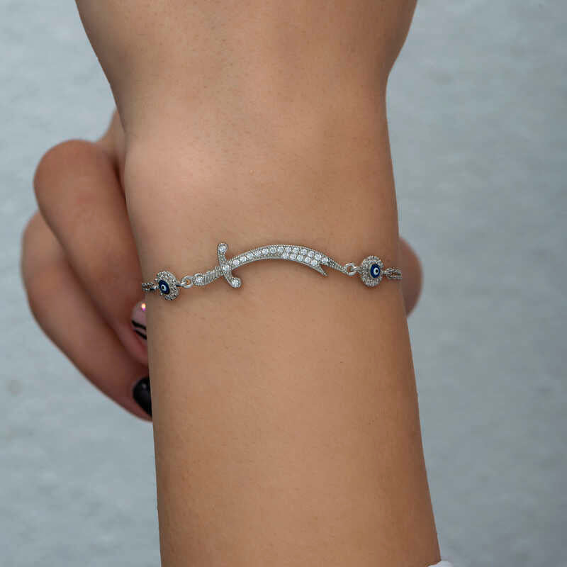 Sterling Silver - Zulfiqar Sword Evil Eye Charm Bracelet
