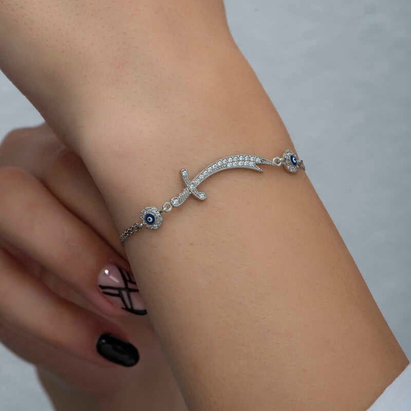 Sterling Silver - Zulfiqar Sword Evil Eye Charm Bracelet