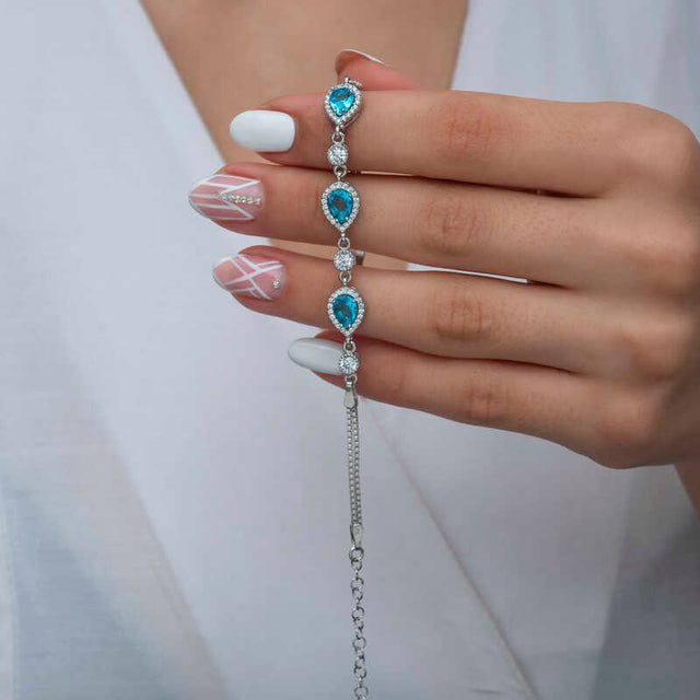 Sterling Silver Teardrop Blue & Clear CZ Line Bracelet