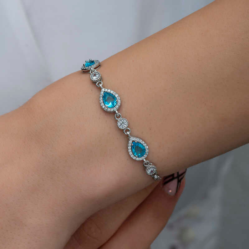 Sterling Silver Teardrop Blue & Clear CZ Line Bracelet