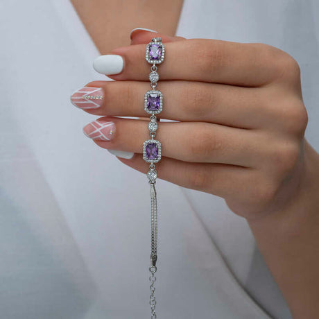 Sterling Silver Amethyst Baguette Bracelet - Elegant Halo Design