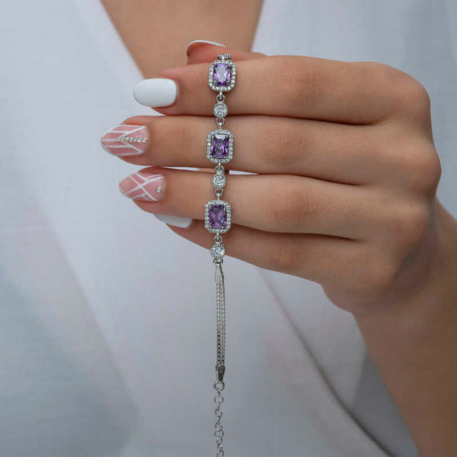 Sterling Silver Amethyst Baguette Bracelet - Elegant Halo Design