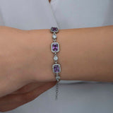 Sterling Silver Amethyst Baguette Bracelet - Elegant Halo Design