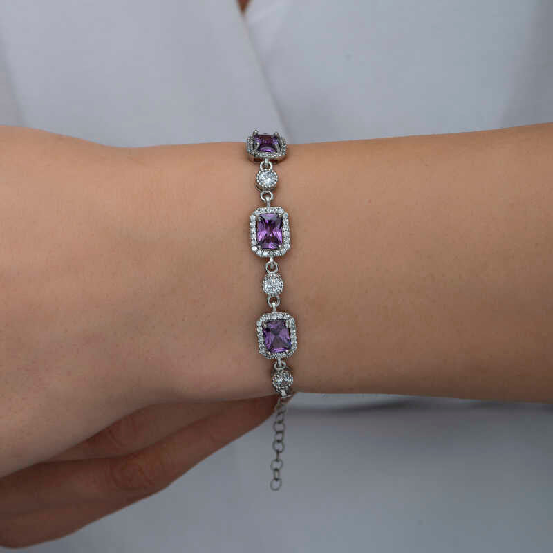 Sterling Silver Amethyst Baguette Bracelet - Elegant Halo Design