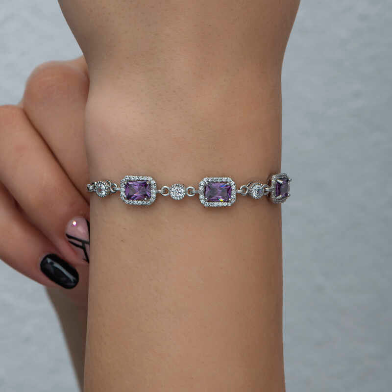 Sterling Silver Amethyst Baguette Bracelet - Elegant Halo Design